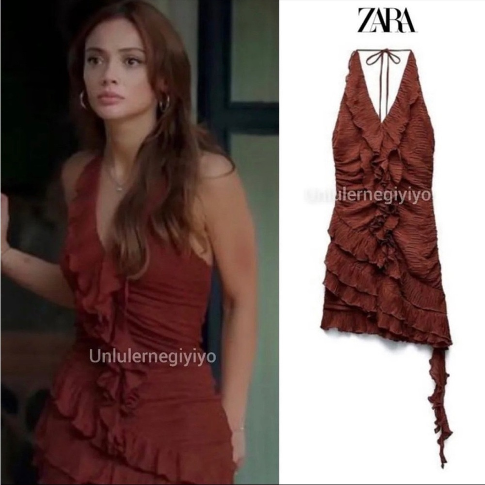 Zara Brown Ruffle Pleated Halter Mini Dress - Picture 8 of 9